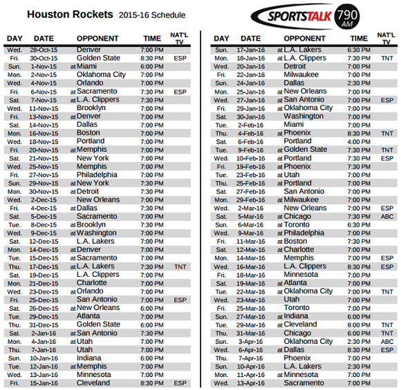 Houston Rockets 2015-16 Schedule